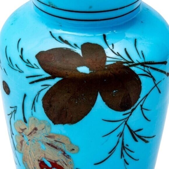Antique Bristol Blue Hand Blown Glass Vase Victorian Hand Painted Floral - Picture 3 of 8